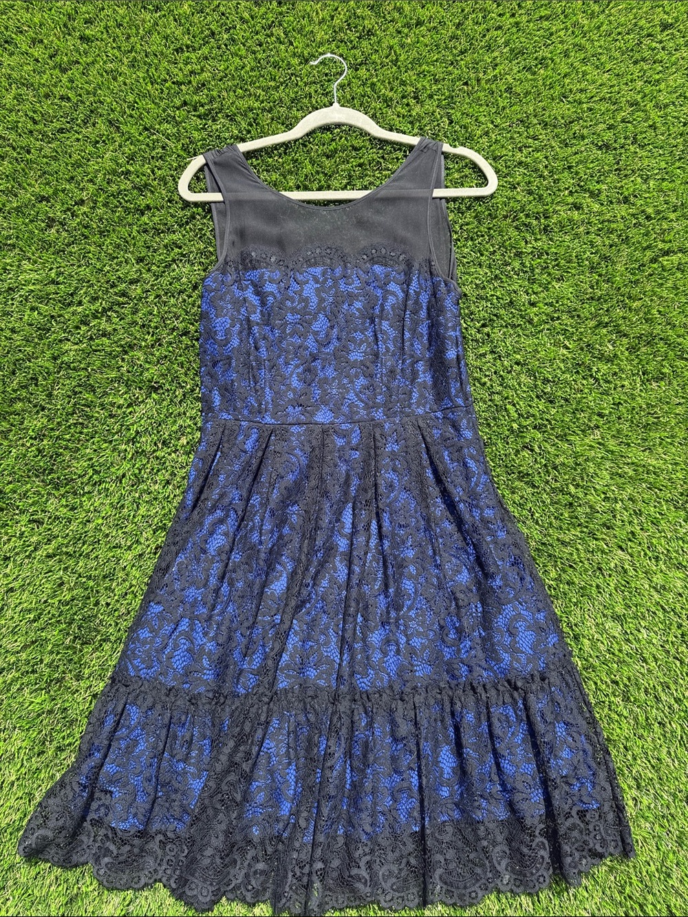 Anthropologie Black and Blue Lace Fit-and-Flare Dress